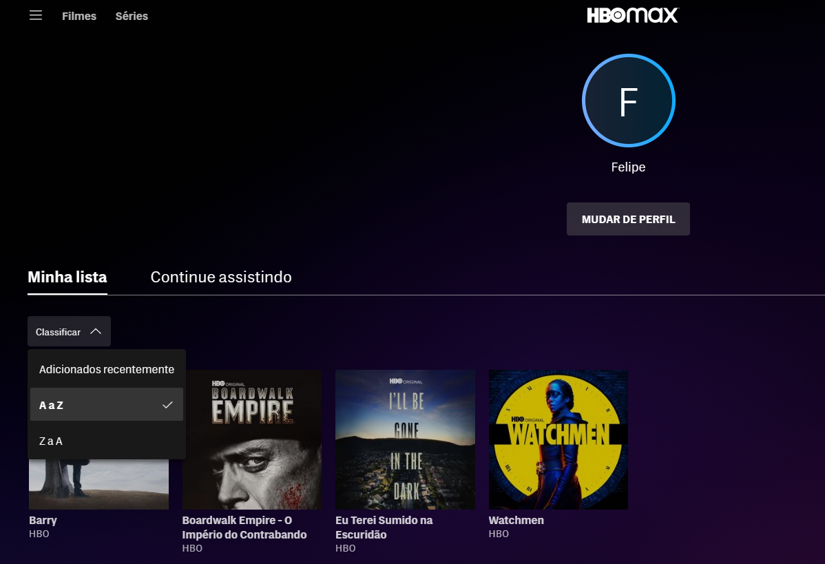 Captura de tela do HBO Max na aba Minha lista, com o menu Classificar aberto na opção A a Z e os títulos Barry, Boardwalk Empire, I'll Be Gone in the Dark e Wa…