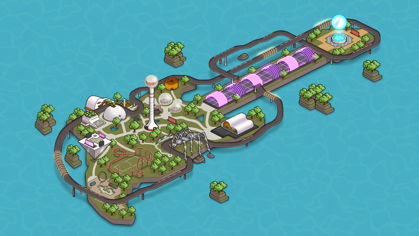Mapa isométrico de um parque temático futurista em ilha, com cúpulas, pistas e domos rosa, em estilo de jogo de metaverso