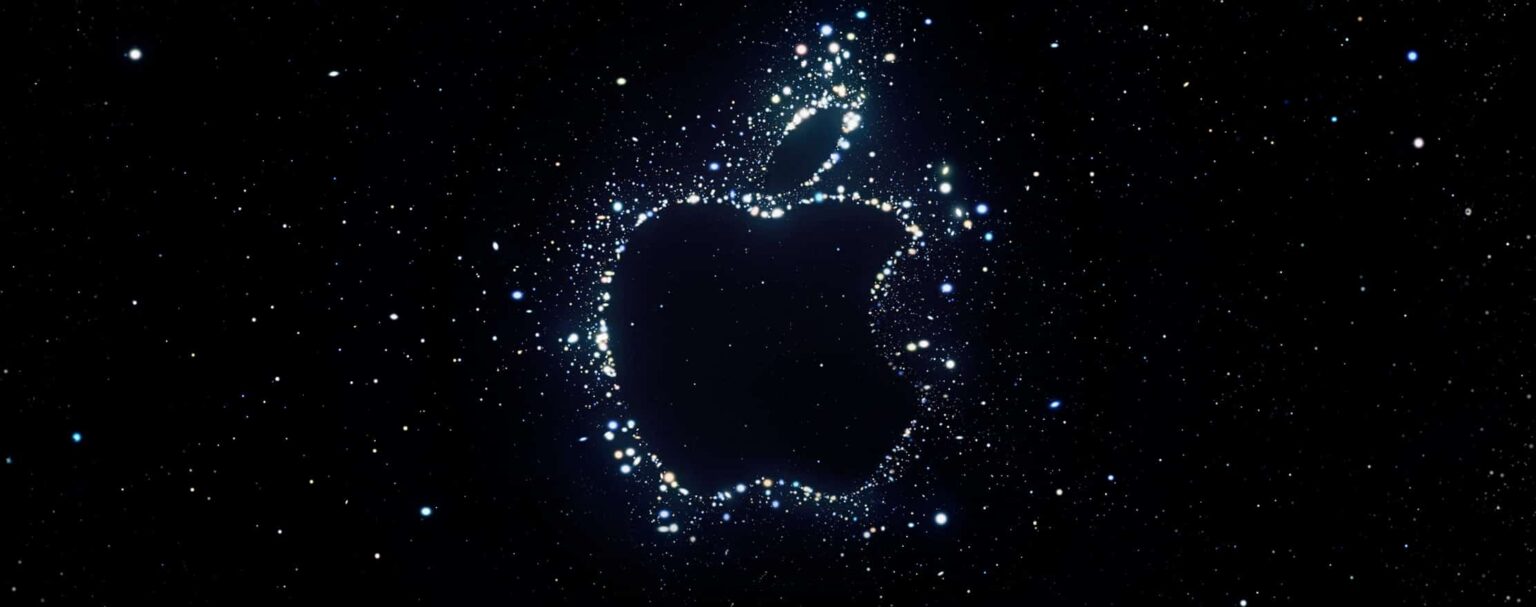 Logotipo da Apple formado por pontos brilhantes de luz sobre um fundo escuro com estrelas, em estilo de convite para evento