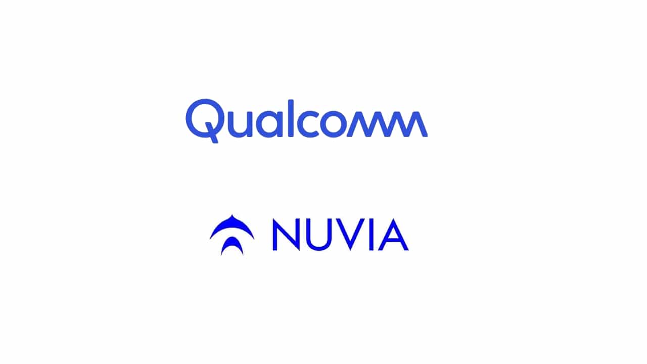 Logos da Qualcomm e da Nuvia em azul sobre fundo branco, ilustrando a aquisição da startup pela fabricante de chips