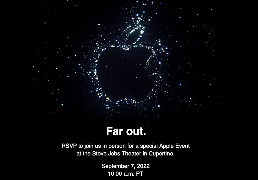 Convite da Apple com logo de maçã formado por pontos de luz no escuro, texto "Far out" e data do evento em 7 de setembro de 2022