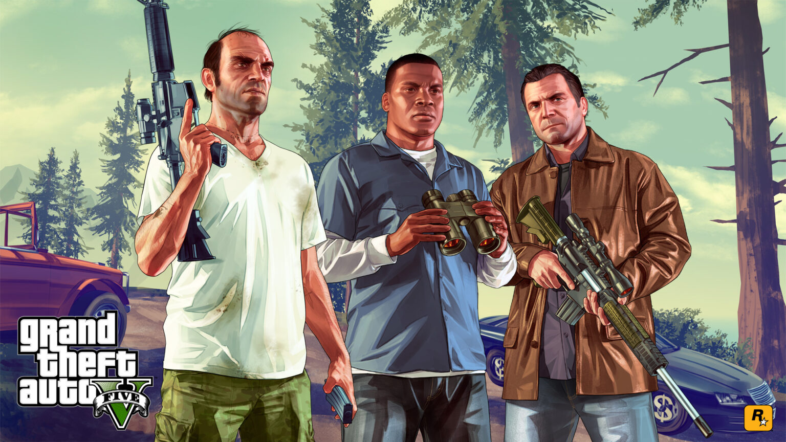 Arte de Grand Theft Auto V com três personagens em uma floresta: um segurando um rifle, outro com binóculos e um terceiro com um rifle de precisão, ao lado de…