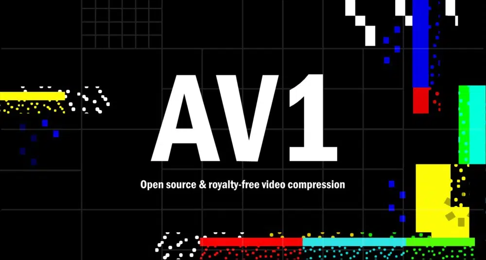 Logotipo do codec AV1 em letras brancas sobre fundo preto com grade e blocos coloridos, legenda: Open source & royalty-free video compression