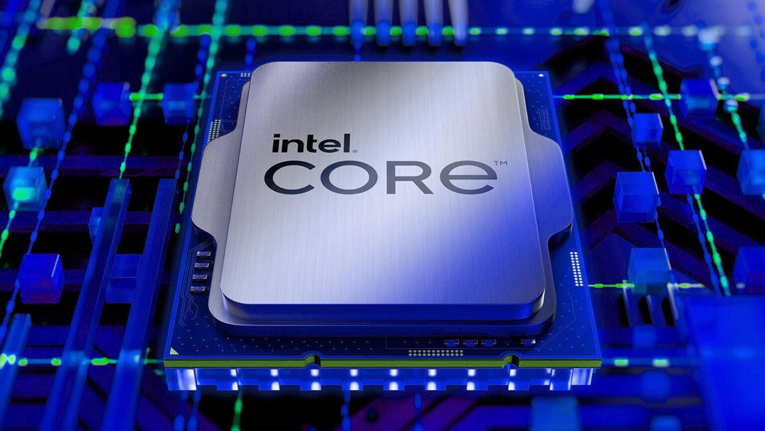 Processador Intel Core em destaque sobre placa de circuito com iluminação azul e linhas verdes, em render 3D