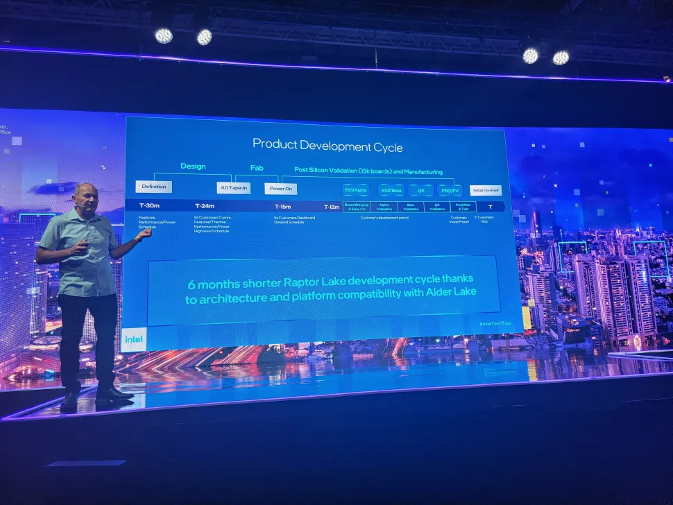 Apresentador da Intel de pé no palco diante de slide com o ciclo de desenvolvimento do Raptor Lake, mostrando redução de 6 meses