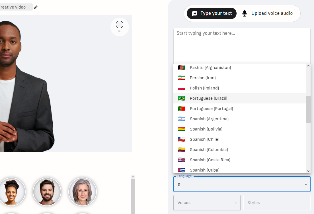 Interface de criação de vídeo com avatar virtual, com a lista de idiomas aberta e "Portuguese (Brazil)" selecionado para gerar a narração