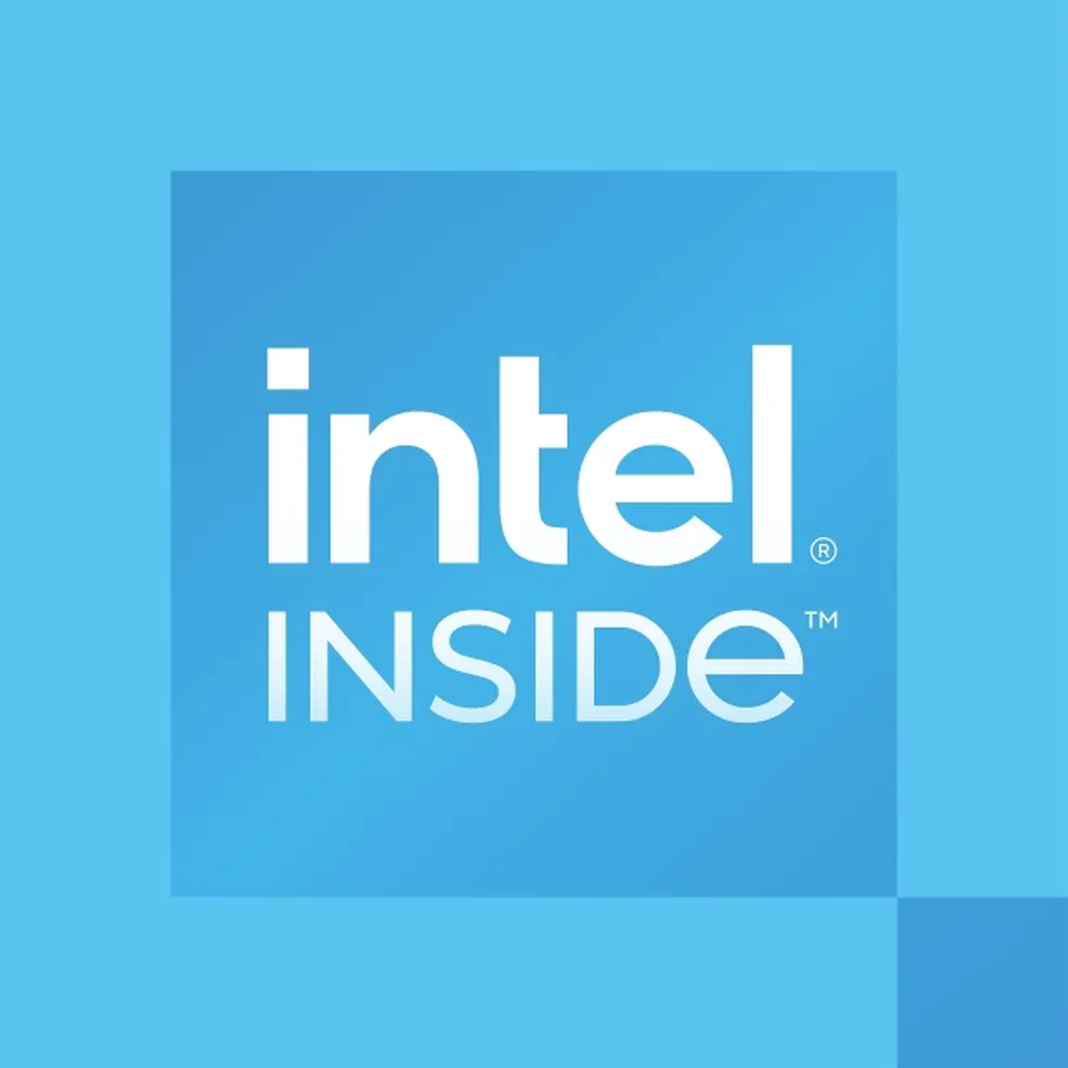 Logo Intel Inside em branco sobre fundo azul, com o nome Intel em destaque e a palavra INSIDE abaixo