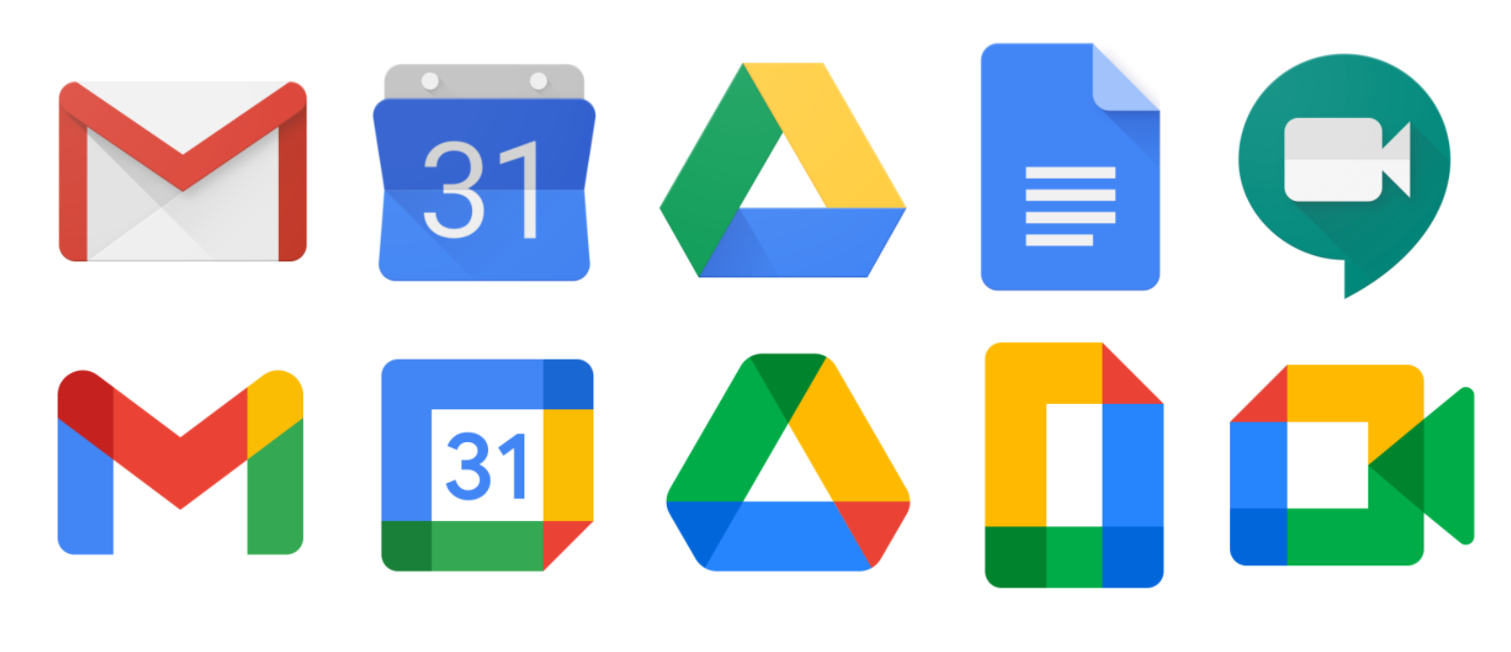 Ícones dos apps Google Workspace em duas fileiras: Gmail, Agenda, Drive, Docs e Meet na versão antiga, e as versões atualizadas coloridas abaixo