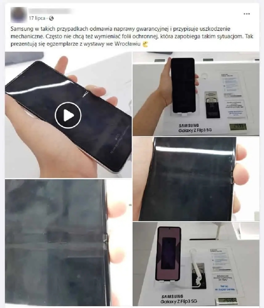 Captura de post em polonês mostrando celular Samsung Galaxy Z Flip3 5G com tela danificada, rachaduras visíveis no vinco da tela, em exposição