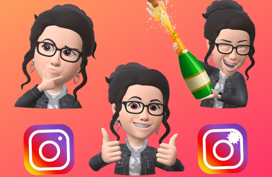 Quatro avatares 3D de uma mulher de óculos e cabelo preso, em situações diferentes, com ícones do Instagram ao lado