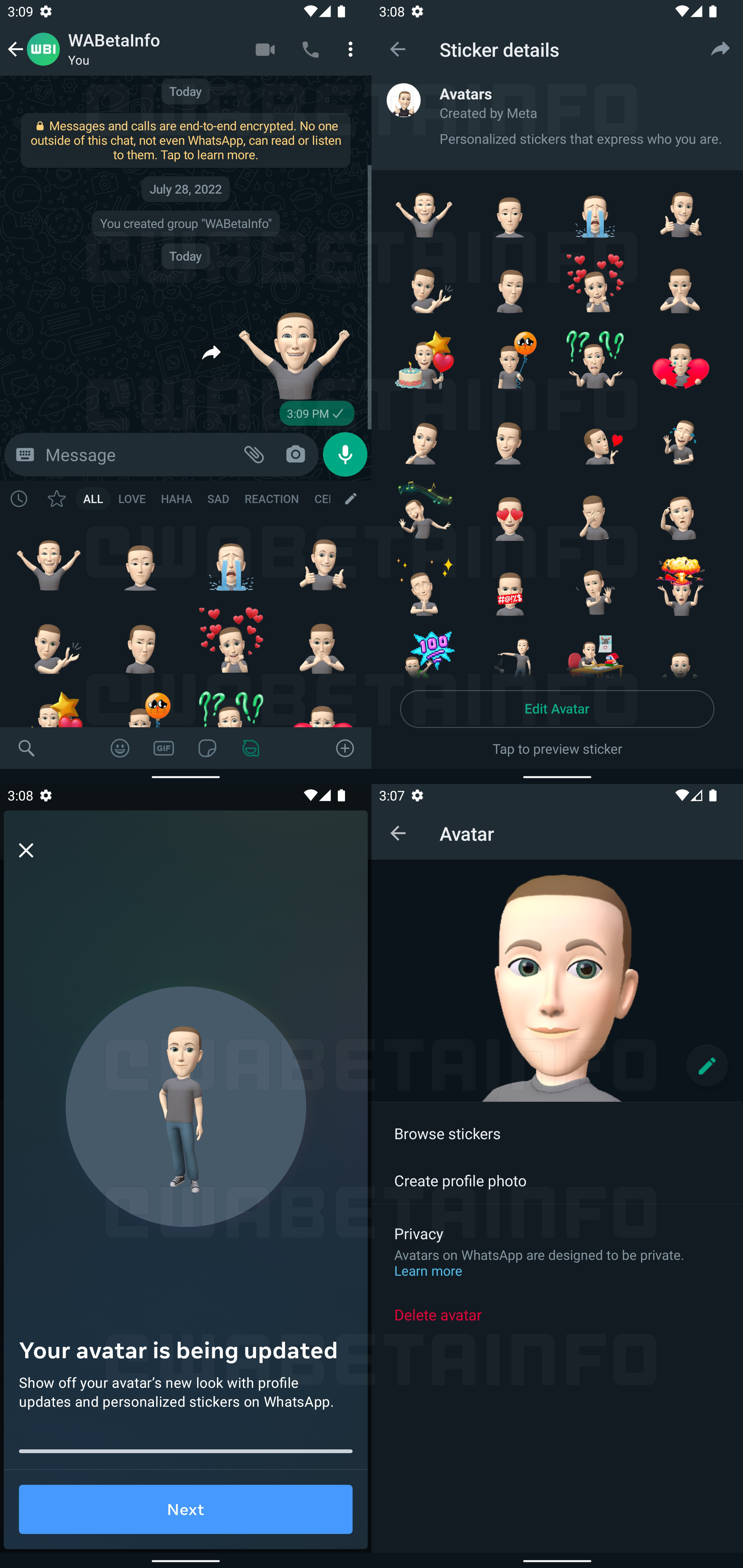 Quatro capturas do WhatsApp mostrando a criação e uso de avatares 3D estilizados: figurinhas de avatar em conversa, tela de detalhes de figurinhas e tela de co…