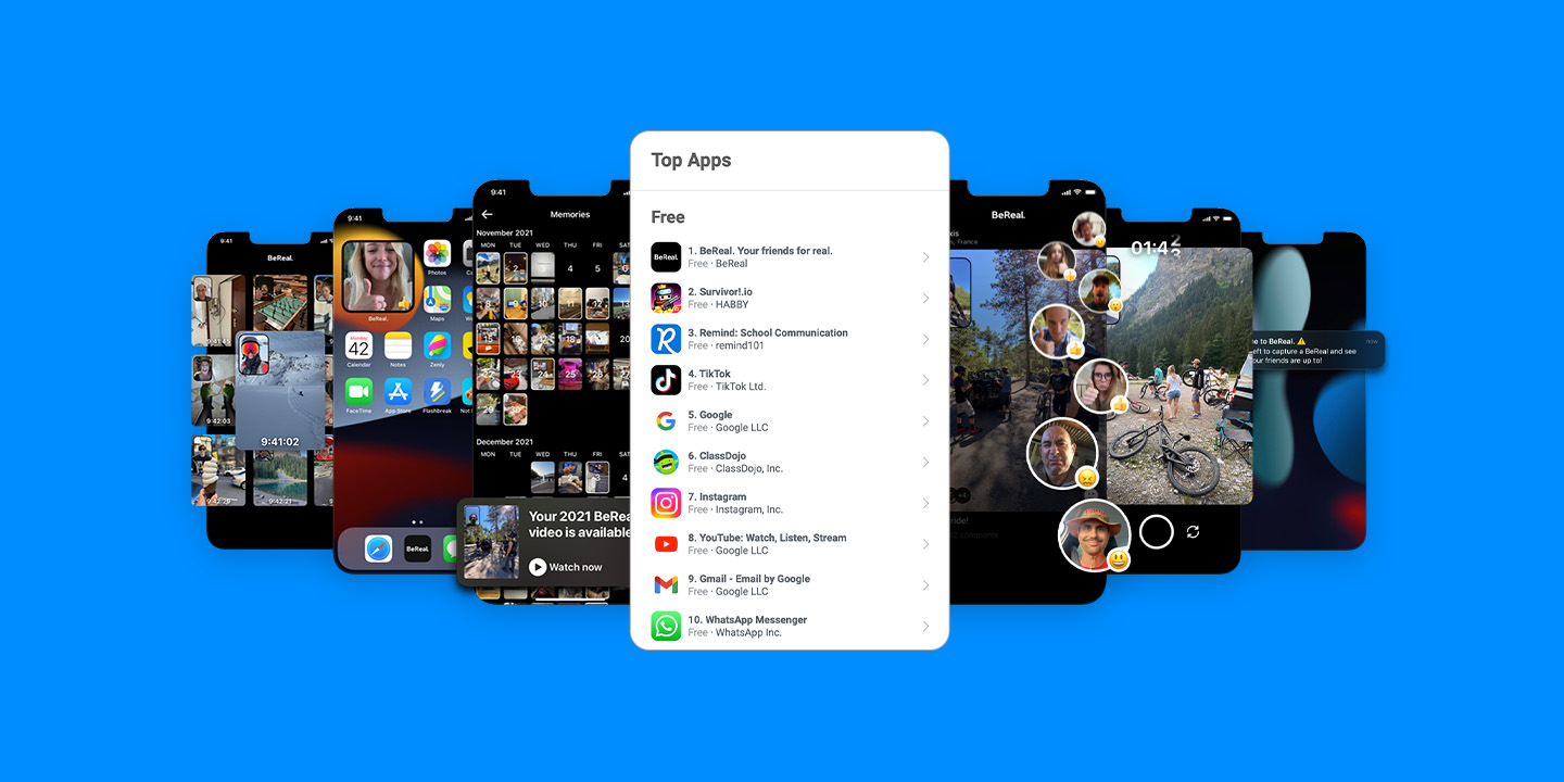 Captura de tela de app BeReal em celulares, com lista de Top Apps da App Store mostrando BeReal, Instagram, TikTok, YouTube e WhatsApp