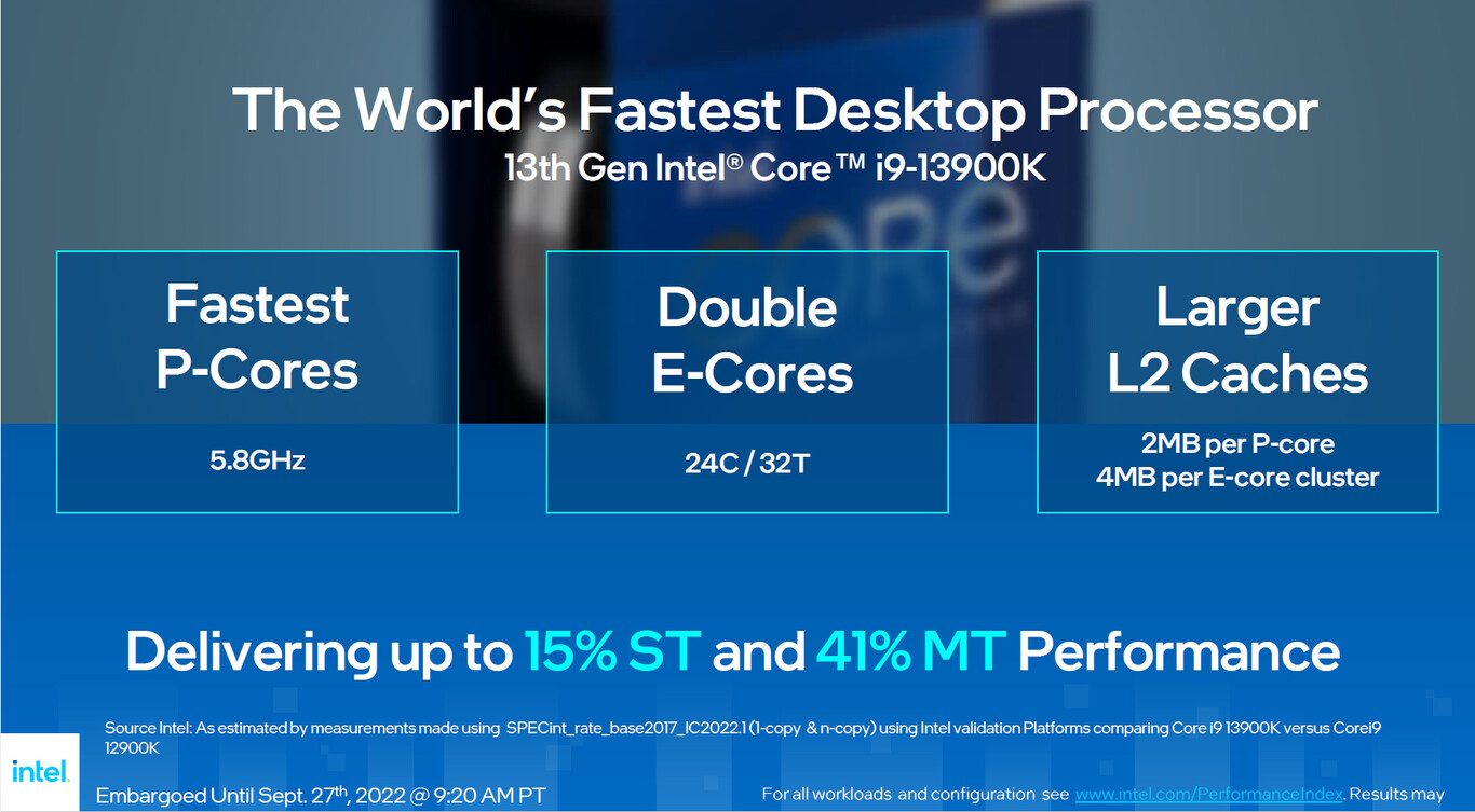Slide da Intel anunciando o Core i9-13900K de 13ª geração como o processador de desktop mais rápido do mundo, com 24 núcleos e 5,8 GHz