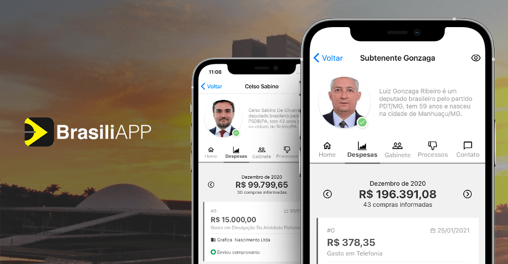 Logotipo do BrasiliAPP e duas telas de celular mostrando despesas de deputados federais em dezembro de 2020, com valores e compras informadas
