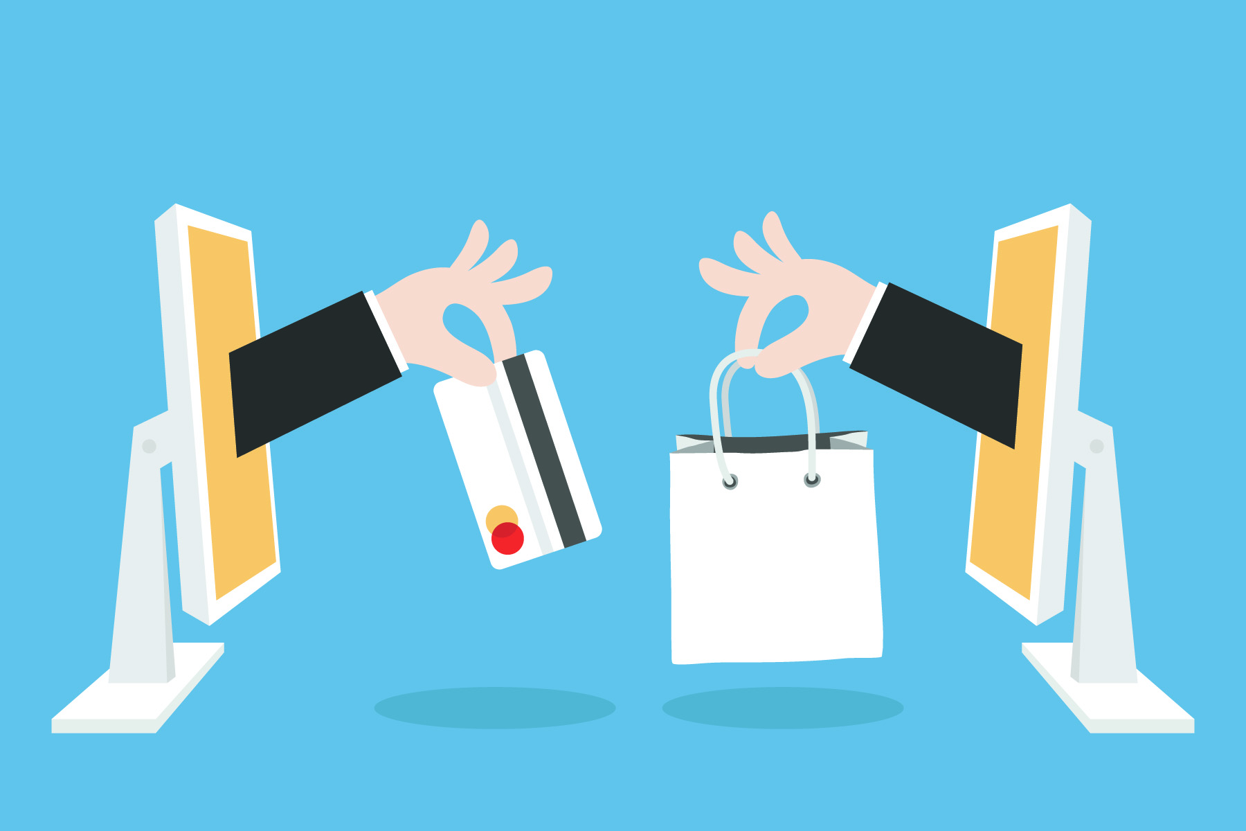 Ilustração de duas mãos saindo de telas de computador, uma entregando um cartão de crédito e a outra segurando uma sacola de compras, simbolizando compra online