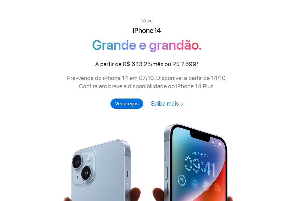 Anúncio do iPhone 14 da Apple com dois aparelhos azuis mostrando câmera traseira e tela com hora 09:41 e preço a partir de R$ 7.599