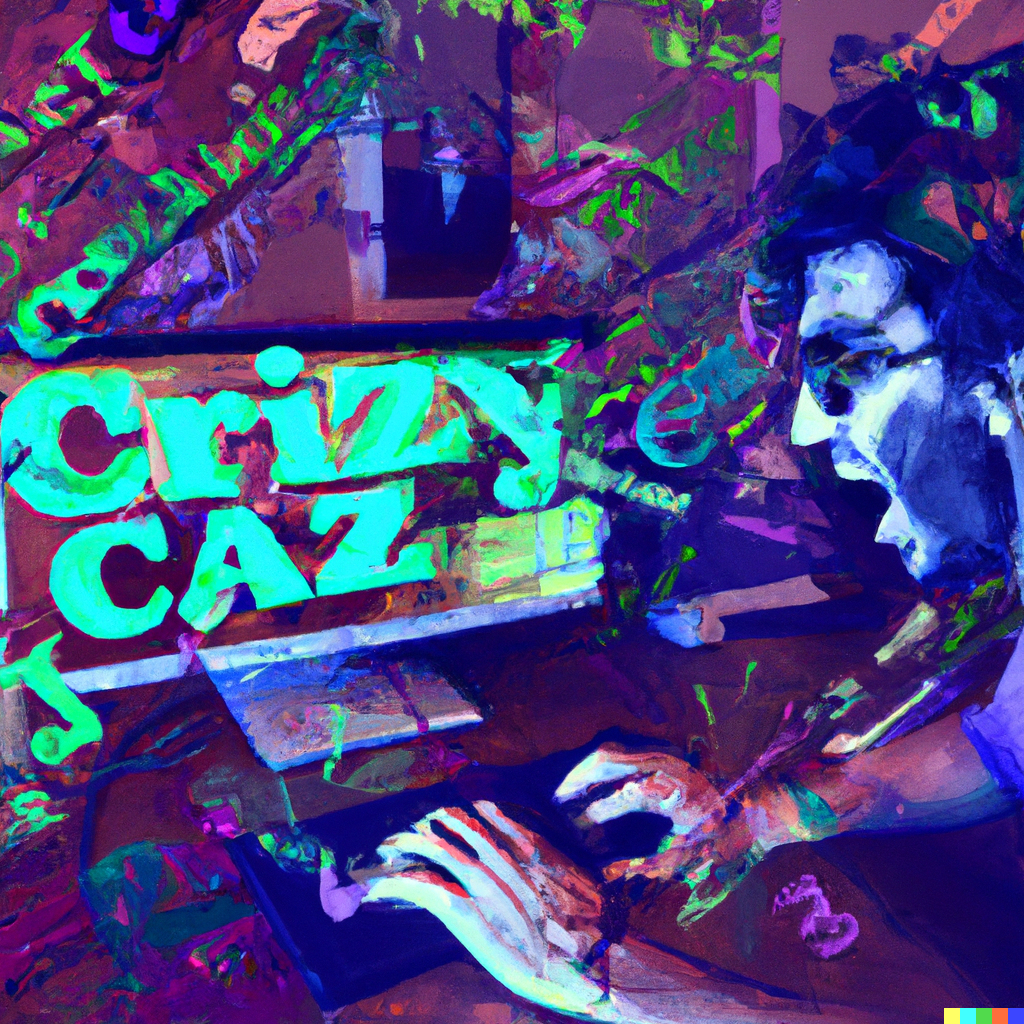 Pintura psicodélica em tons de roxo e verde de um homem de óculos digitando freneticamente em um notebook, com a palavra "Crazy" em letras verdes brilhantes ao…