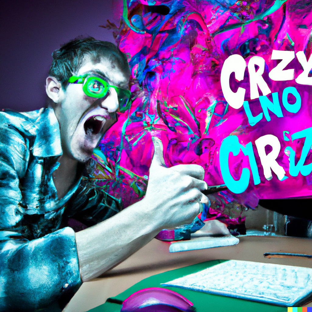 Homem de óculos verdes gritando diante de computador, com cenário psicodélico rosa e texto "CRAZY" estilizado ao fundo, gerado por IA