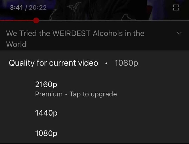 Captura de tela do YouTube mostrando o menu de qualidade do vídeo com opções 2160p (Premium, toque para atualizar), 1440p e 1080p