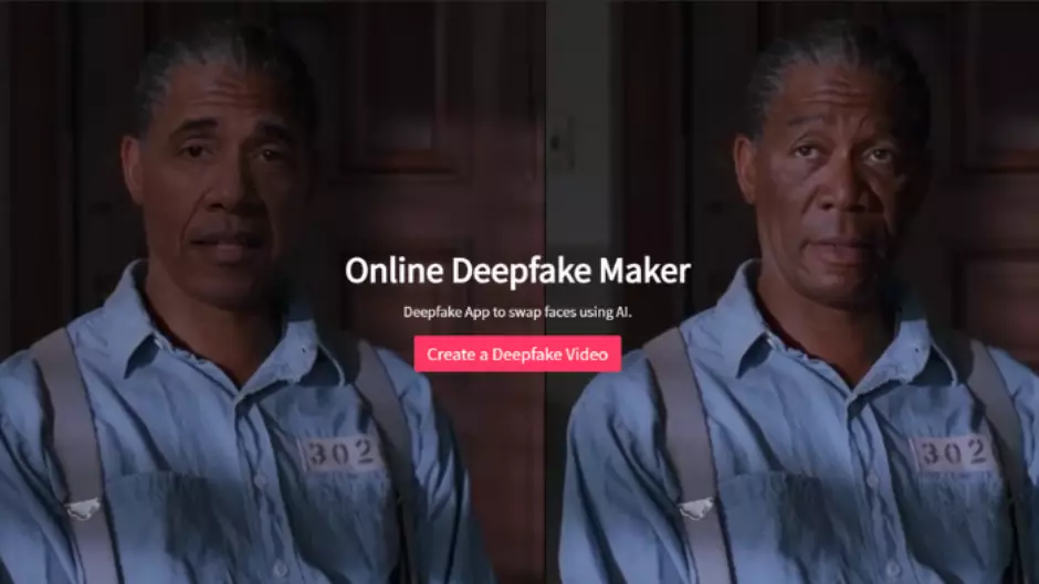 Captura de um site de criação de deepfake mostrando duas versões de um homem de camisa azul e macacão com número 302, com o título "Online Deepfake Maker" e o…