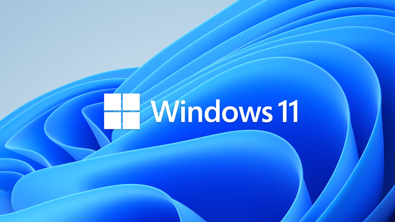 Logo do Windows 11 em branco sobre fundo abstrato com curvas azuis em degradê