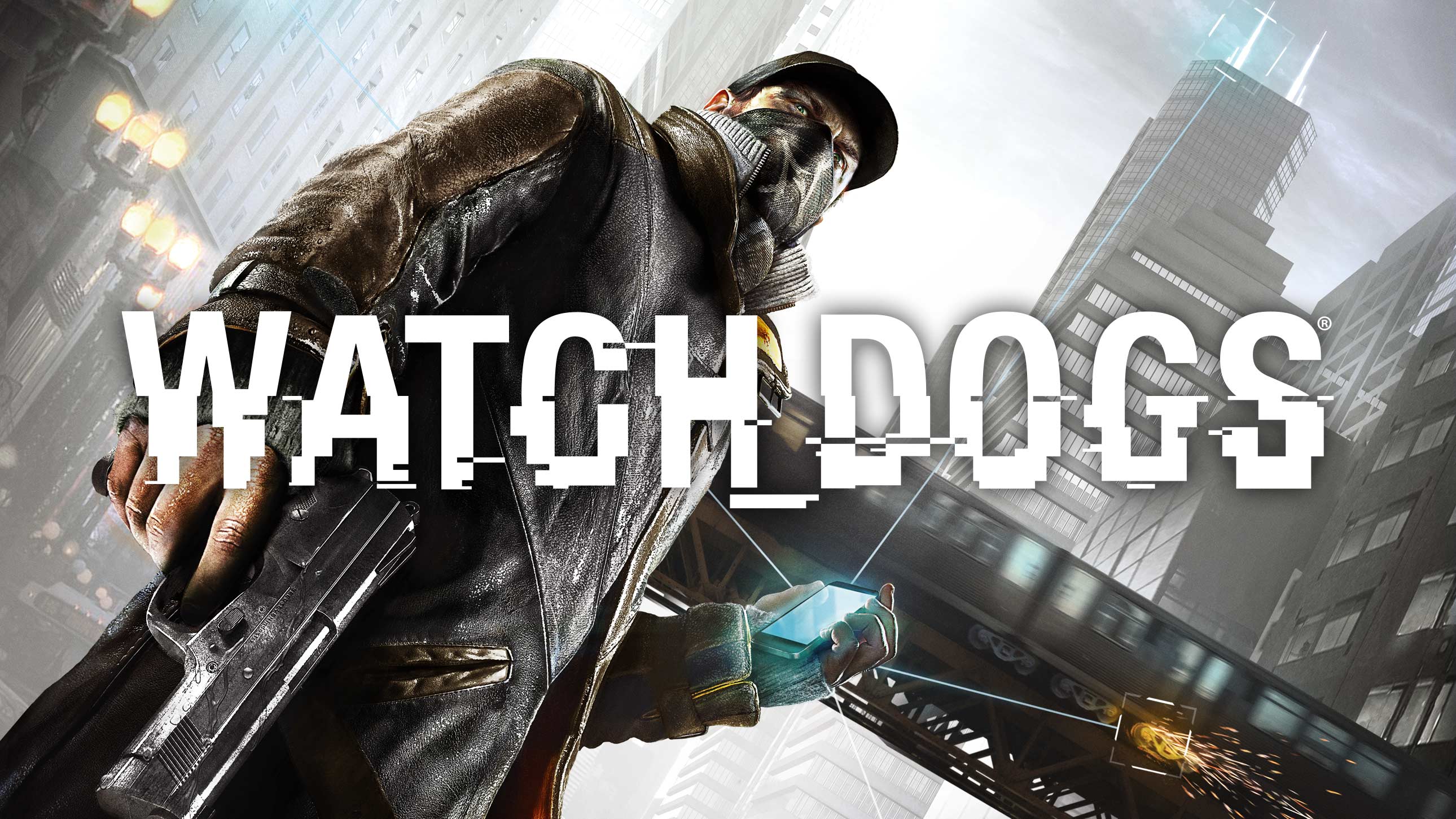 Arte de capa do jogo Watch Dogs, com o título em letras com efeito de glitch, personagem de jaqueta de couro e capuz segurando uma pistola na cidade