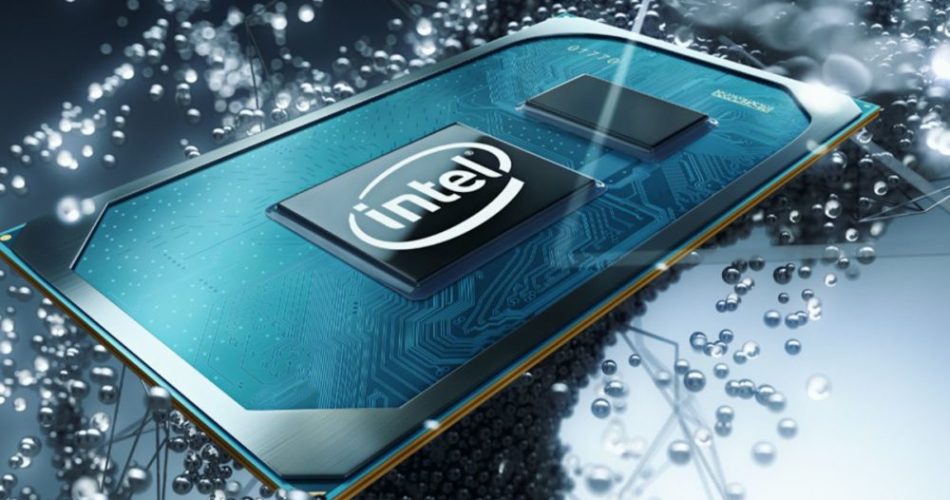 Processador Intel com logotipo da marca sobre placa de circuito azulada, em fundo com esferas metálicas e iluminação dramática