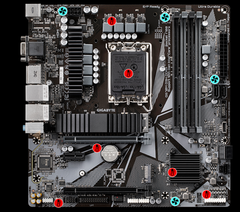 Placa-mãe Gigabyte G610M com marcações de conectores de ventoinha (ventilador) e socket LGA 1700 para processadores Intel