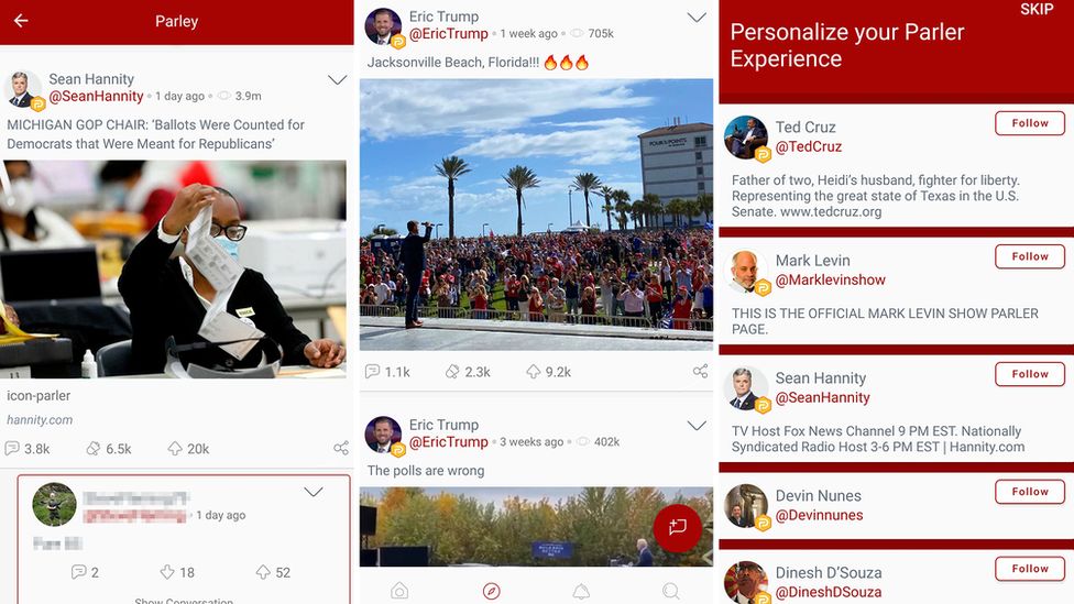 Três capturas de tela do app Parler, rede social conservadora, mostrando posts de perfis políticos e a tela para seguir contas como Ted Cruz e Sean Hannity