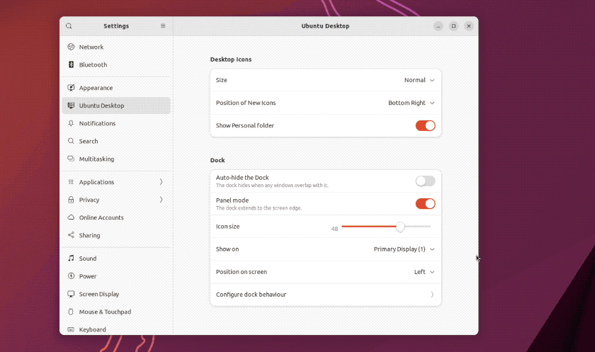 Tela de configurações do Ubuntu Desktop mostrando opções do dock, ícones da área de trabalho e tamanho do ícone ajustável