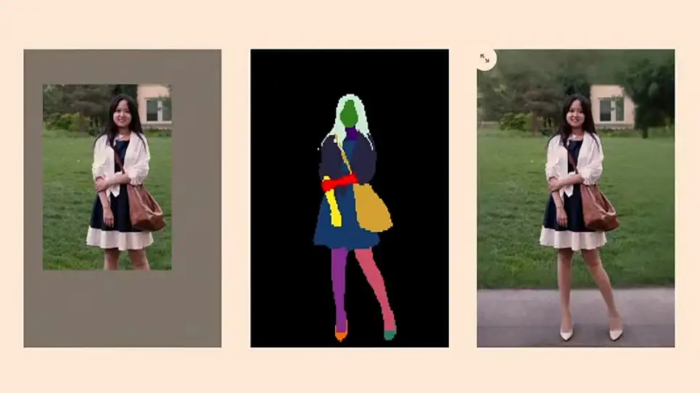 Três etapas de edição: foto original de mulher em parque, máscara colorida que segmenta o corpo e a roupa, e a imagem final com o fundo e os pés recriados por…