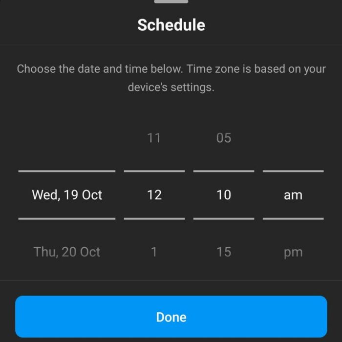 Tela de agendamento do Instagram mostrando seletores de data e hora com opção Done em azul, em tema escuro