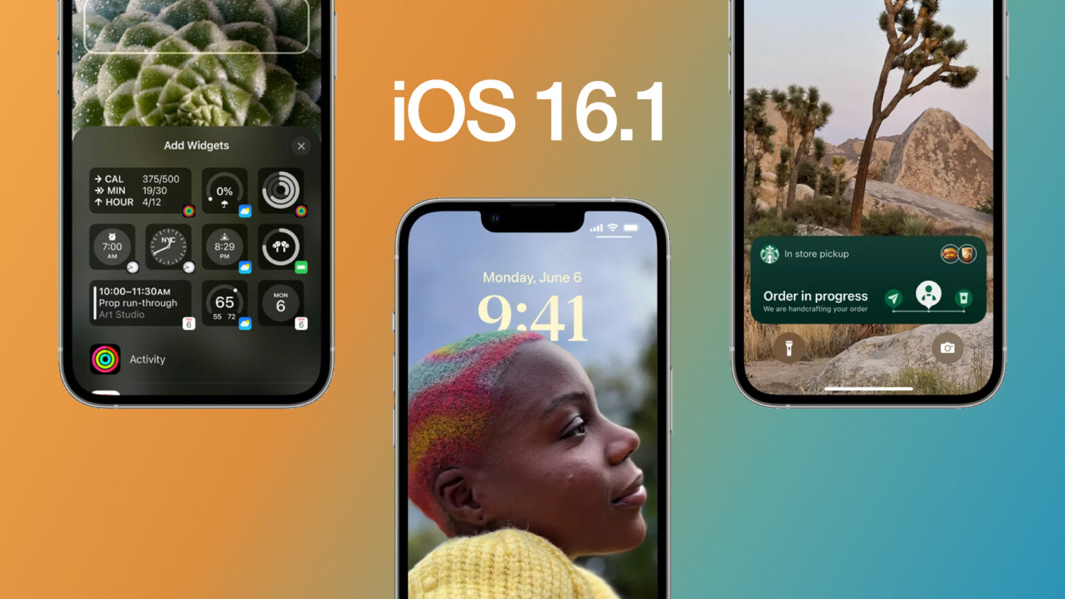 Três iPhones com o iOS 16.1 em destaque: tela de widgets, tela de bloqueio com a hora 9:41 e Live Activity de retirada na loja
