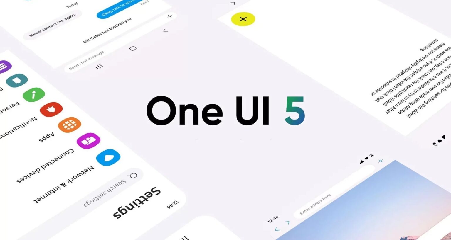 Logotipo "One UI 5" em destaque sobre telas de configurações e mensagens do Android da Samsung, em perspectiva com fundo claro