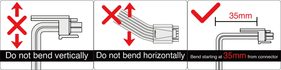Três painéis mostram como dobrar um cabo de energia com conector: um X sobre a dobra vertical, um X sobre a dobra horizontal e um check sobre a dobra a 35mm do…