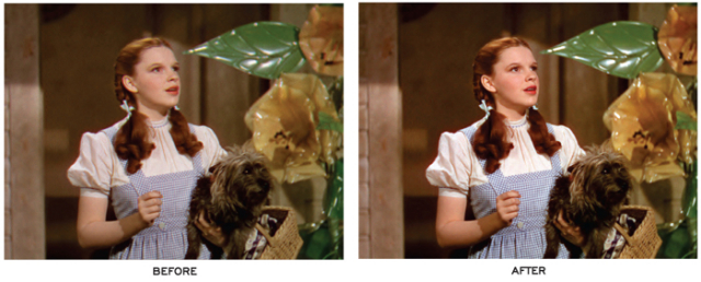 Comparativo antes e depois de restauração digital: cena de filme antigo com garota de vestido azul xadrez e cachorro no colo, mais nítida à direita