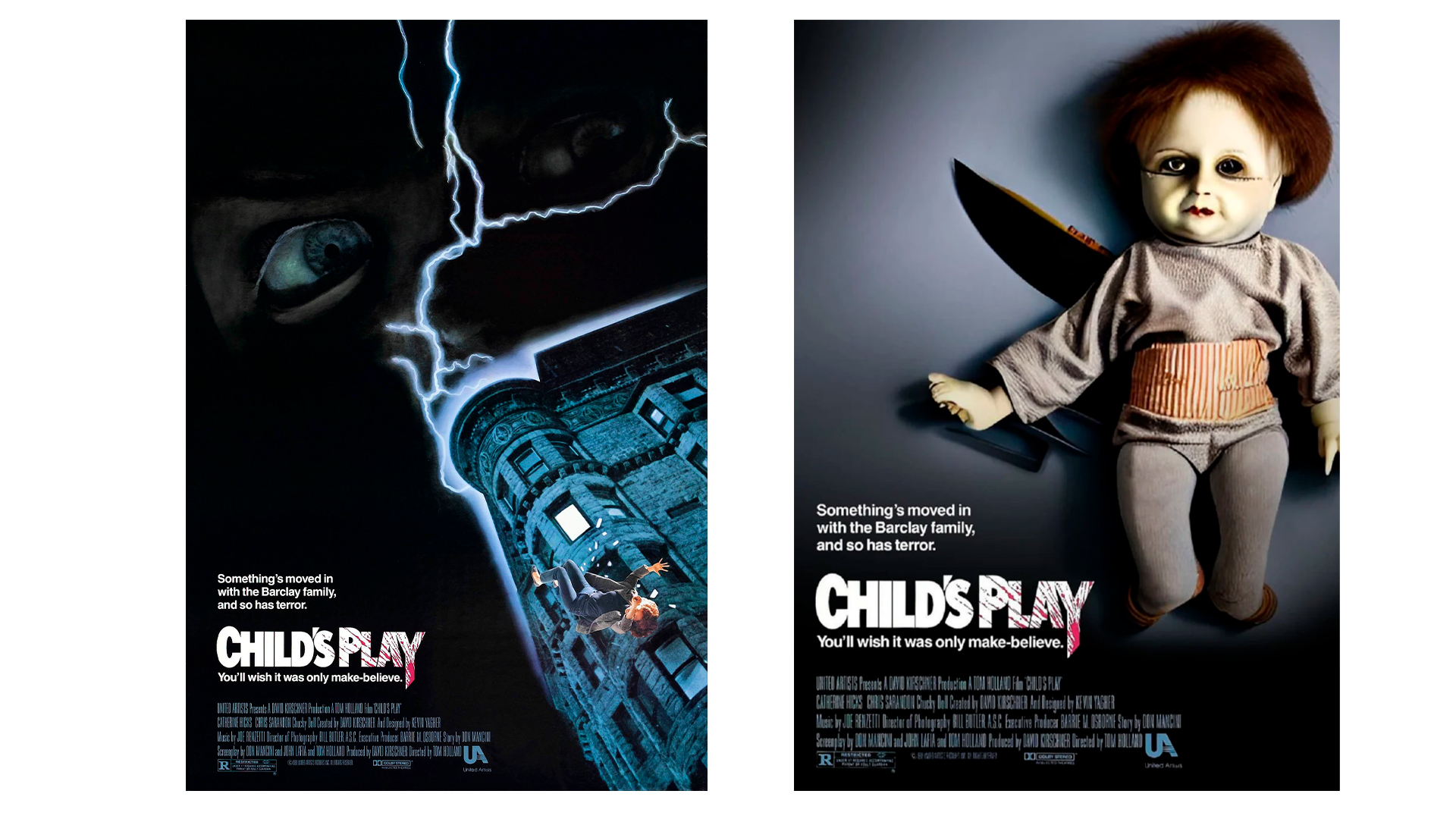 Dois pôsteres do filme Child's Play lado a lado: à esquerda, versão com olhos sombrios e raios sobre um prédio; à direita, boneca Chucky com faca sobre fundo c…