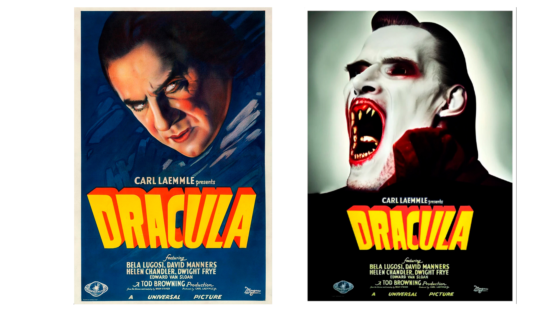 Dois pôsteres lado a lado do filme Drácula de 1931, com o título em letras amarelas e vermelhas, sendo que o da direita mostra uma versão reimaginada por IA co…