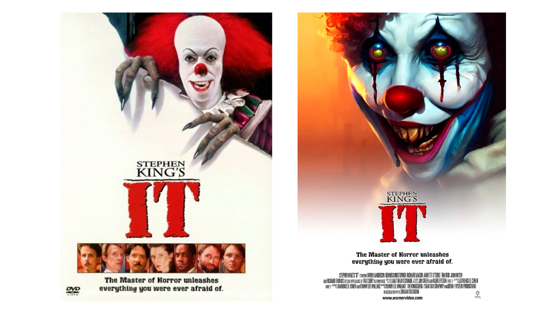 Dois pôsteres lado a lado do filme IT, de Stephen King: à esquerda, o palhaço Pennywise com cabelo vermelho e luvas de garras; à direita, versão reimaginada po…