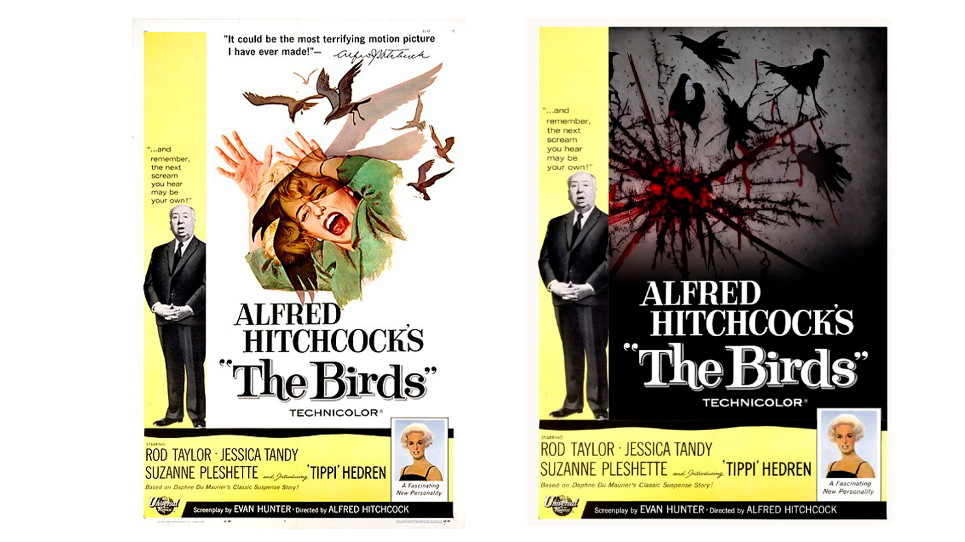 Dois pôsteres lado a lado do filme "The Birds" de Alfred Hitchcock, à esquerda versão colorida com mulher gritando e pássaros, à direita versão sombria em pret…