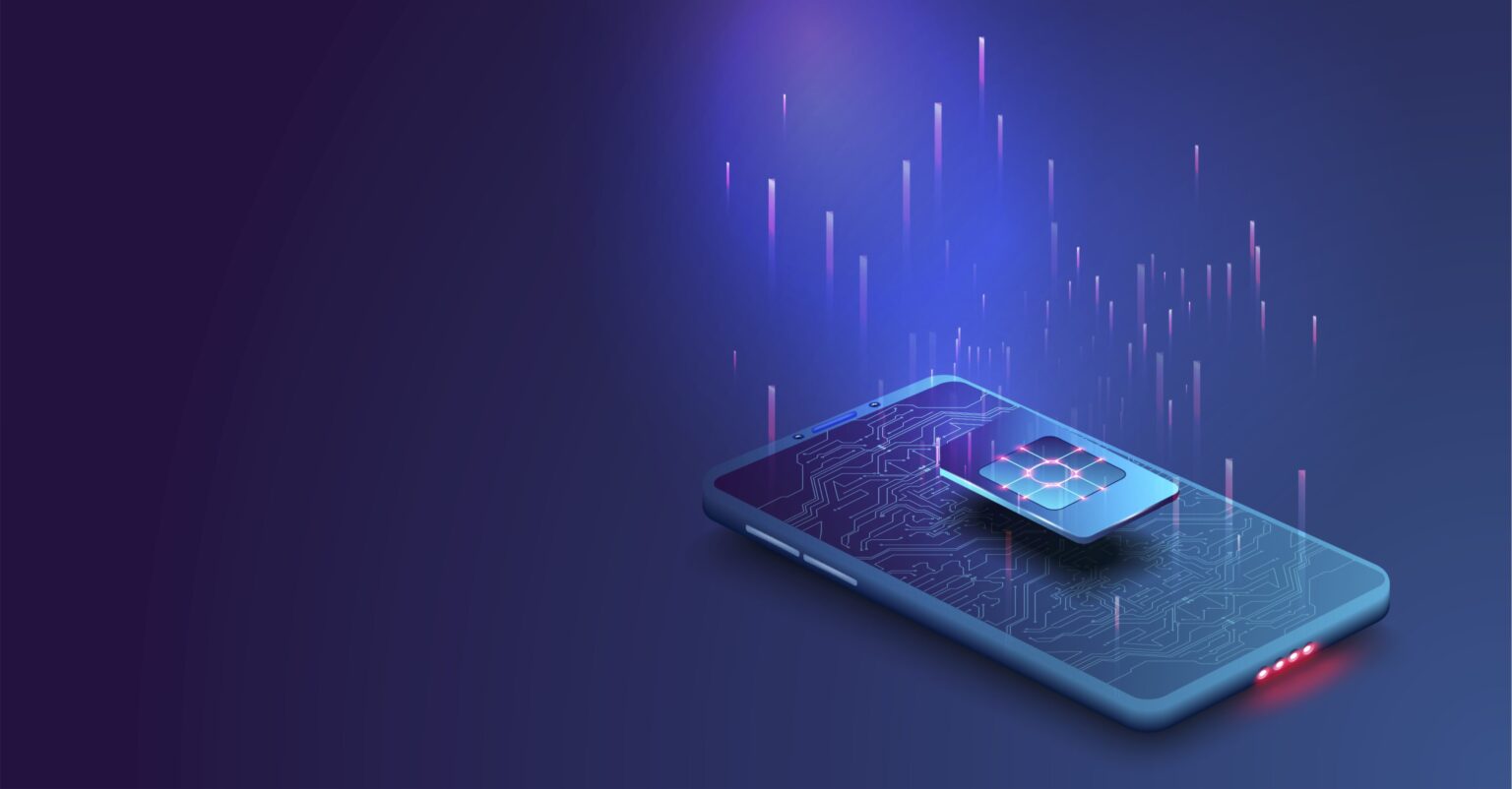 Ilustração isométrica de smartphone azul com circuitos e um chip SIM brilhante na tela, sobre fundo escuro com partículas de luz
