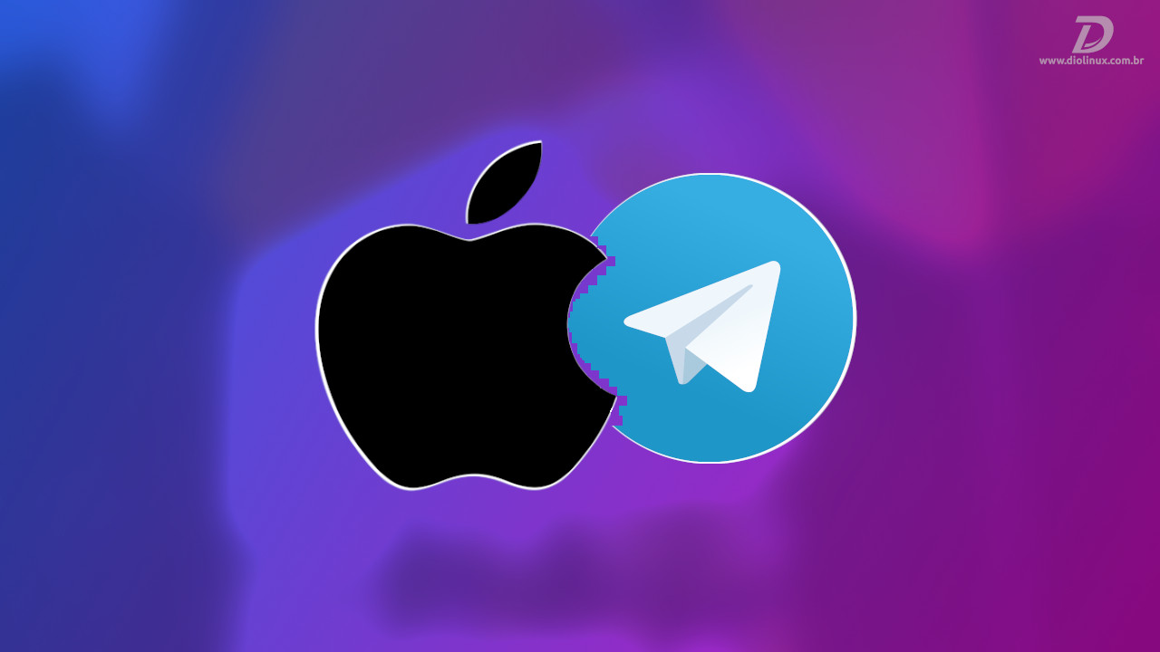 Logo da Apple em preto mordido e logo do Telegram em azul sobre fundo roxo com desfoque