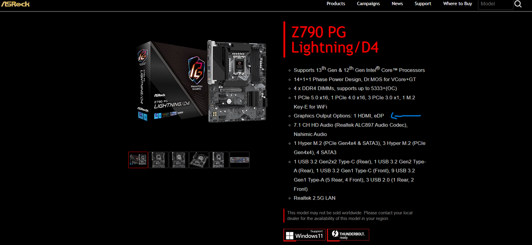 Página da ASRock mostrando a placa-mãe Z790 PG Lightning/D4 com caixa do produto e especificações, destacando a saída eDP