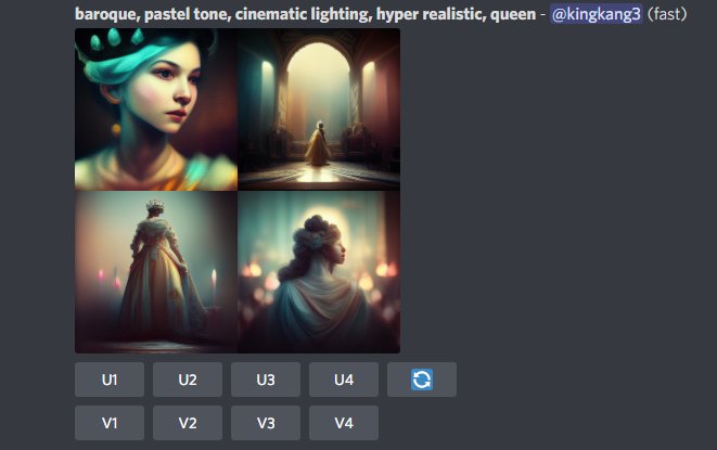 Captura de tela do Discord com quatro imagens geradas pelo Midjourney de uma rainha em estilo barroco, com botões U1 a U4 e V1 a V4 abaixo