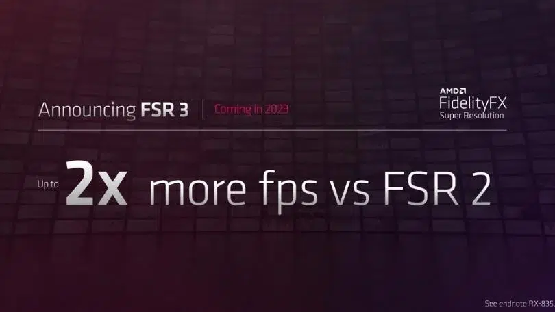 Slide da AMD anunciando o FSR 3 para 2023, com promessa de até 2x mais fps em relação ao FSR 2 (FidelityFX Super Resolution)