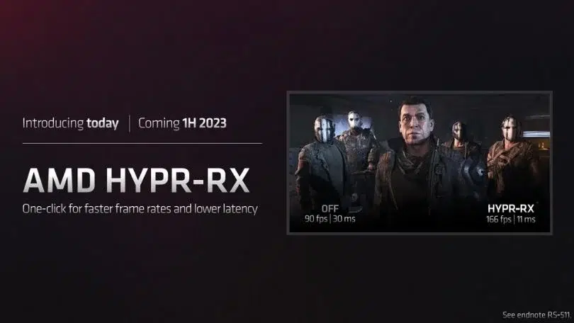 Slide da AMD apresentando o HYPR-RX, com comparação de desempenho OFF (90 fps, 30 ms) e HYPR-RX (166 fps, 11 ms) em um jogo