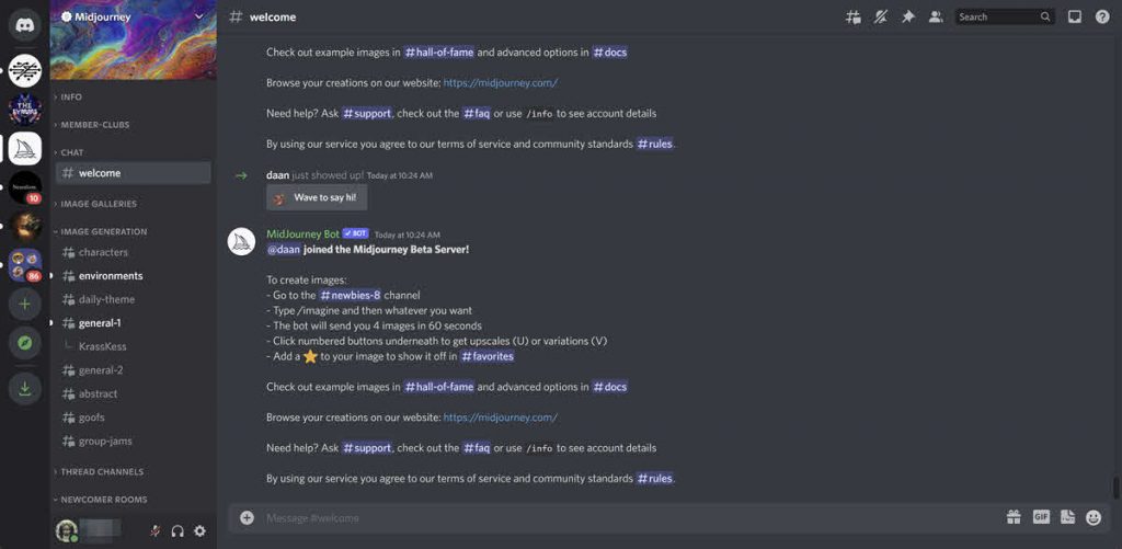 Captura de tela do Discord mostrando o canal #welcome do servidor Midjourney, com instruções para criar imagens usando o comando /imagine no canal #newbies-8 N…