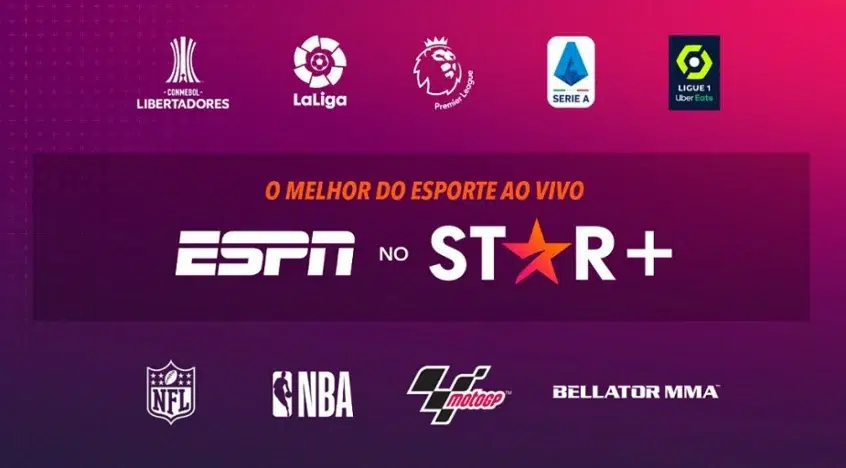 Banner com logos de campeonatos (Libertadores, LaLiga, Premier League, Serie A, Ligue 1, NFL, NBA, MotoGP, Bellator MMA) e a frase "O melhor do esporte ao vivo…