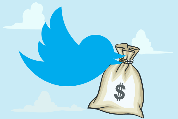 Ilustração do logo azul do Twitter com a boca aberta segurando um saco de dinheiro com cifrão