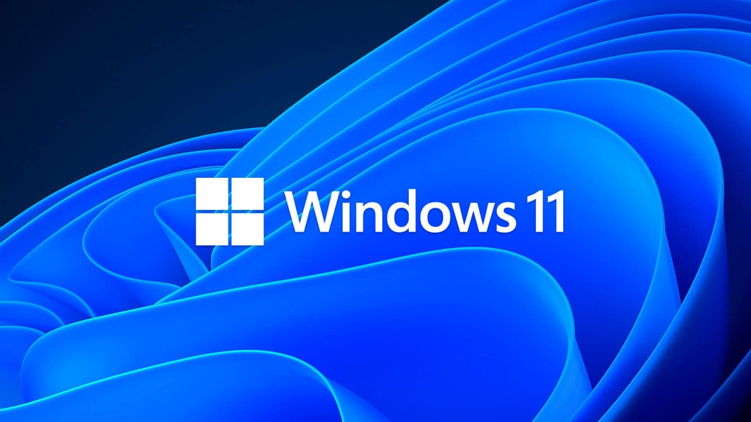 Logotipo do Windows 11 em branco sobre fundo azul com formas onduladas em tons de azul